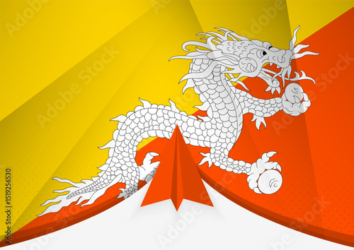 Bhutan Flag with Abstract Paper Airplane Design, National Flag in a geometric folded paper style.