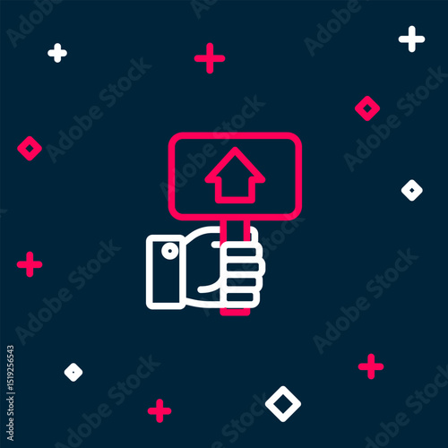 Line Hand holding auction paddle icon isolated on blue background. Bidding concept. Auction competition. Hands rising signs with BID inscriptions. Colorful outline concept. Vector