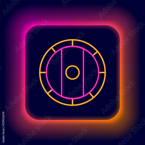 Glowing neon line Shield viking icon isolated on black background. Round wooden shield. Security, safety, protection, privacy, guard concept. Colorful outline concept. Vector