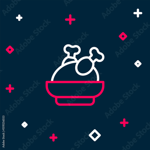 Line Roasted turkey or chicken icon isolated on blue background. Colorful outline concept. Vector