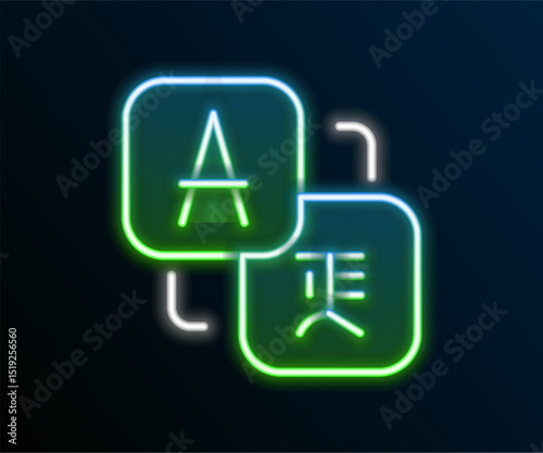 Glowing neon line Translator icon isolated on black background. Foreign language conversation icons in chat speech bubble. Translating concept. Colorful outline concept. Vector