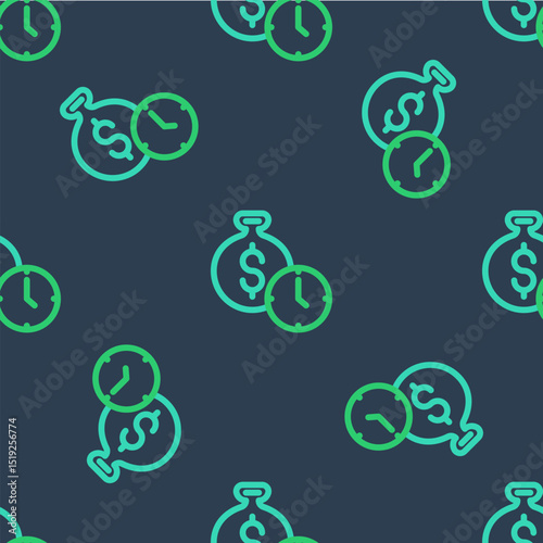 Line Time is money icon isolated seamless pattern on blue background. Money is time. Effective time management. Convert time to money. Vector