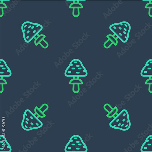 Line Mushroom icon isolated seamless pattern on blue background. Vector