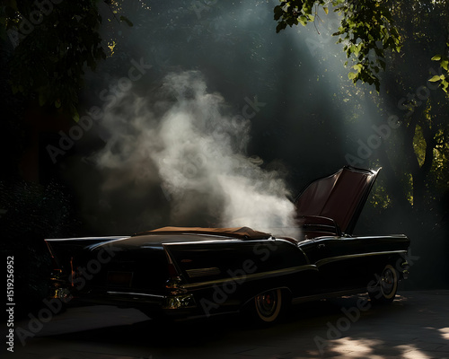 Classic Black Convertible Car With Steam, Outdoor Scene