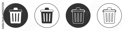 Black Trash can icon isolated on white background. Garbage bin sign. Recycle basket icon. Office trash icon. Circle button. Vector