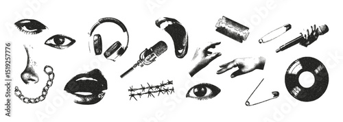 Trendy halftone stipple monochrome music elements set. Eye, mouth, microphone, vinyl record, nose, pin, chain. Grunge punk dots texture for collage design. Vector.
