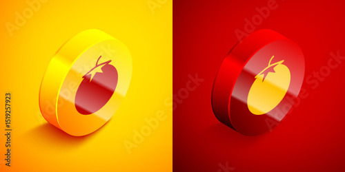 Isometric Tomato icon isolated on orange and red background. Circle button. Vector