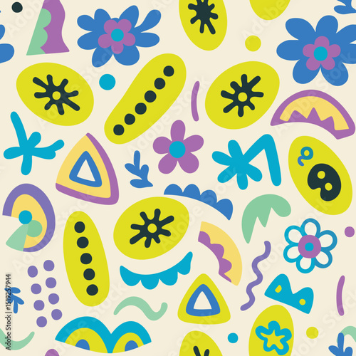 A playful design in a vibrant palette of chartreuse, blue, and purple, reminiscent of mid-century folk art, perfect for children's decor and cheerful textiles