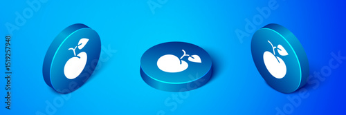 Isometric Peach fruit or nectarine with leaf icon isolated on blue background. Blue circle button. Vector