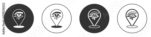 Black Eye of Horus icon isolated on white background. Ancient Egyptian goddess Wedjet symbol of protection, royal power and good health. Circle button. Vector