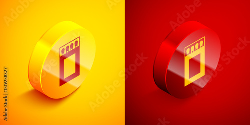 Isometric Open matchbox and matches icon isolated on orange and red background. Circle button. Vector