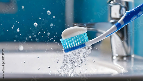 Close-up of a toothbrush with toothpaste being rinsed under running water.  Perfect for dental care, hygiene, and healthy lifestyle concepts.
