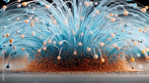 Abstract particle dispersal under light, vibrant mist bloom, dynamic energy creating wondrous motion and captivating feel.