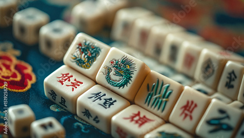 Mahjong game, traditional tiles, colorful background, leisure activity, copy space, for  Product mockups, game packaging visuals, tabletop app details 