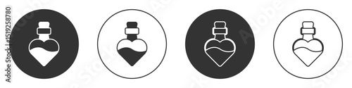 Black Bottle with love potion icon isolated on white background. Happy Valentines day. Circle button. Vector