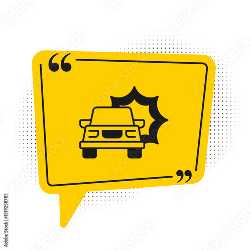 Black Car accident icon isolated on white background. Insurance concept. Security, safety, protection, protect concept. Yellow speech bubble symbol. Vector