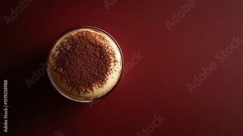An overhead shot of classic tiramisu dusted with cocoa powder in a glass cup placed on a solid deep burgundy background creamy textures 