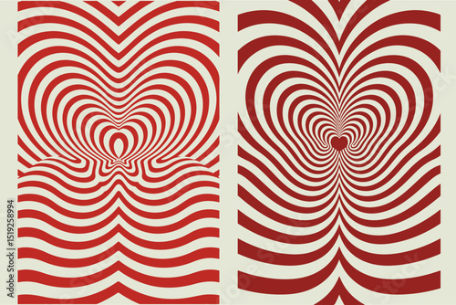abstract optical illusion design featuring a concentric heart pattern made from bold, curved red and cream-colored stripes