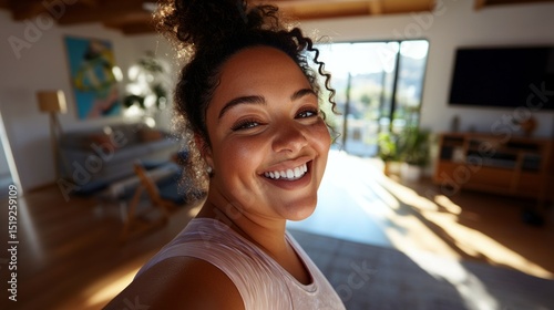 A smiling woman in a home setting.