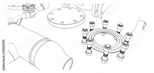Technical drawing CAD stylized industrial pipe component or flange assembly, part of a pressurized system