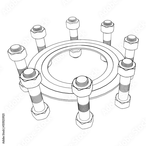 Set of bolts or nuts technical drawing CAD stylized industrial pipe component or flange assembly, part of a pressurized system, oil & gas, waterworks, or chemical pipelines