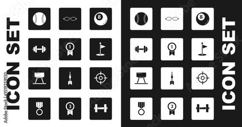 Set Billiard pool snooker ball, Medal, Dumbbell, Tennis, Golf flag, Glasses for swimming, Target sport and Pommel horse icon. Vector
