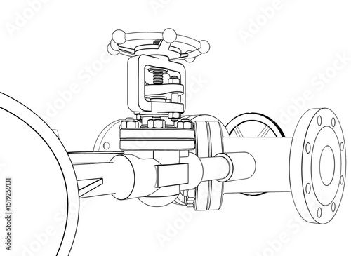 Technical drawing CAD stylized industrial pipe component or flange assembly, part of a pressurized system, HVAC technology