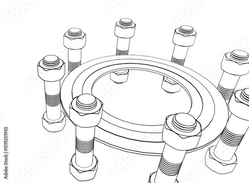 Technical drawing CAD stylized industrial pipe component or flange assembly, part of a pressurized system, HVAC technology