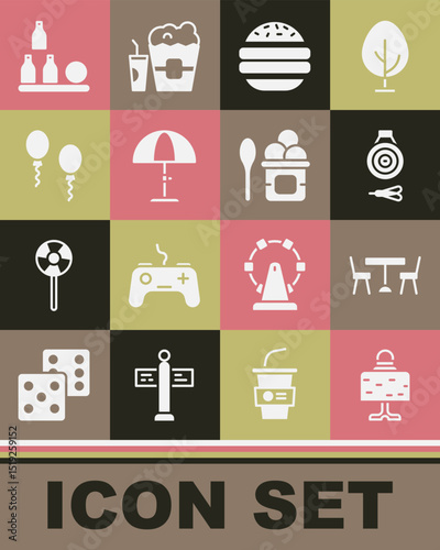 Set Magic ball on table, Picnic with chairs, Classic dart board and arrow, Burger, Sun protective umbrella, Balloons, Bottles and Ice cream in bowl icon. Vector