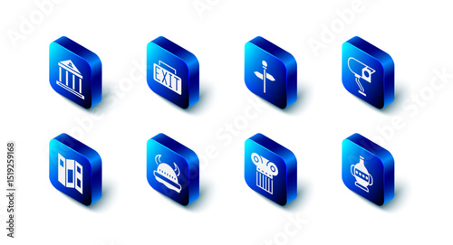 Set Exit sign, Road traffic signpost, Security camera, Ancient amphorae, column, Viking in horned helmet, Museum guide brochure and building icon. Vector