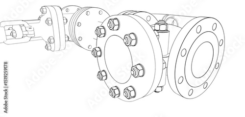 Technical drawing CAD stylized industrial pipe component or flange assembly, part of a pressurized system