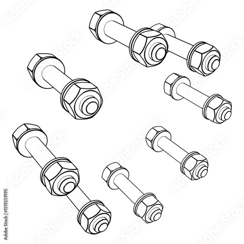 Set of bolts or nuts technical drawing CAD stylized industrial pipe component or flange assembly, part of a pressurized system, oil & gas, waterworks, or chemical pipelines