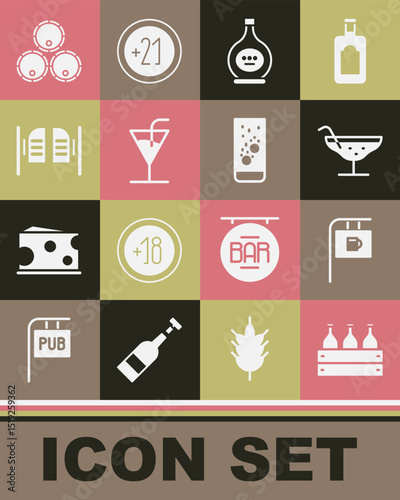 Set Bottles of wine in a wooden box, Street signboard with Bar, Cocktail, cognac or brandy, Saloon door, Wooden barrels and Effervescent tablets water icon. Vector
