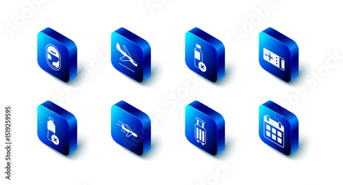 Set Plane landing, No water bottle, Airline ticket, Calendar airplane, Suitcase, and Airplane window icon. Vector