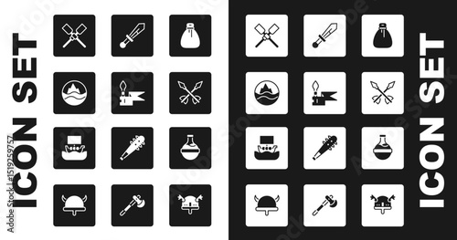 Set Old money bag, Medieval spear, Sea and waves, Oars or paddles boat, arrows, sword, Bottle with potion and Viking ship Drakkar icon. Vector