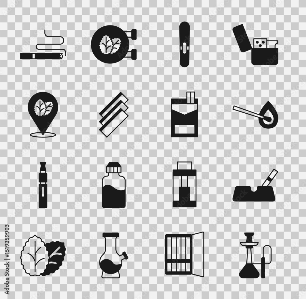 Fototapeta premium Set Hookah, Ashtray with cigarette, Burning match fire, Cigar, Cigarette rolling papers, Tobacco leaf, and Cigarettes pack box icon. Vector