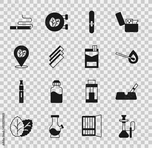 Set Hookah, Ashtray with cigarette, Burning match fire, Cigar, Cigarette rolling papers, Tobacco leaf, and Cigarettes pack box icon. Vector