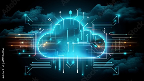 Digital cloud storage technology concept with AI integration and futuristic graphics