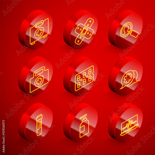 Set line First aid kit, Crossed bandage plaster, Medical analysis, Pills in blister pack, Dialogue with the doctor, Test tube blood and Hand sanitizer bottle icon. Vector