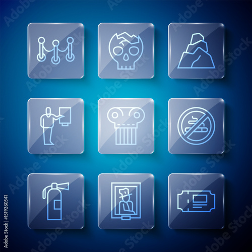 Set line Fire extinguisher, Portrait museum, Museum ticket, Rock stones, Ancient column, guide, Rope barrier and No Smoking icon. Vector