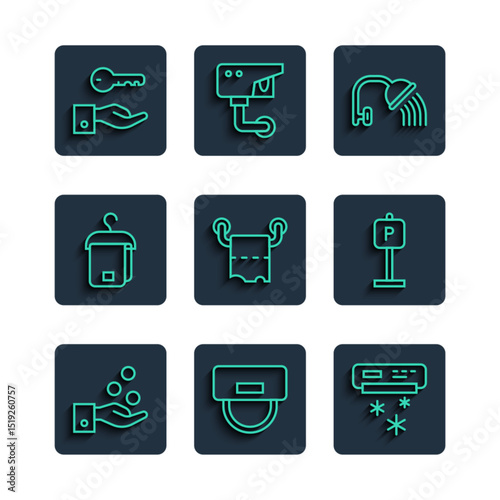 Set line Paying tips, Bellboy hat, Air conditioner, Shower head, Toilet paper roll, Towel hanger, Hotel door lock key and Parking icon. Vector