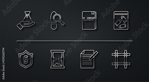 Set line Bribe money bag, Justice law in shield, Evidence and bullet, Document pen, Old hourglass, Footsteps, Prison window and Law book icon. Vector