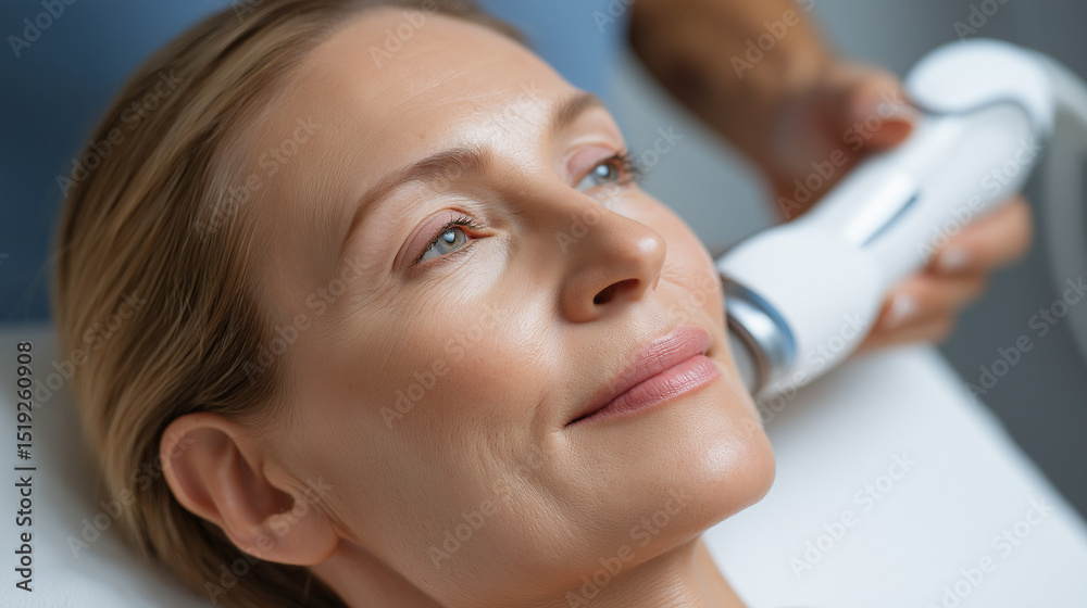 Naklejka premium Close-up of translucent aging skin with rejuvenating light beams, soft-focus tools in background - modern dermatology innovation.