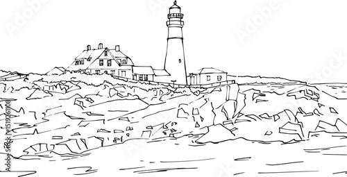 cliff landscape sketch with lighthouse on the seashore