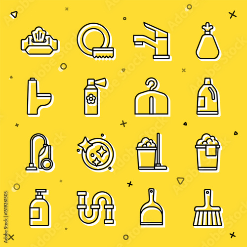Set line Handle broom, Bucket with foam, Bottle for cleaning agent, Water tap, Air freshener spray bottle, Toilet bowl, Wet wipe pack and Hanger wardrobe icon. Vector