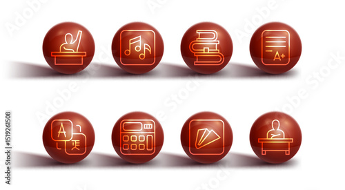 Set line Male kid raising hand, Translator, Exam sheet with A plus grade, Paper airplane, Calculator, Music note, tone, Schoolboy sitting desk and Book icon. Vector