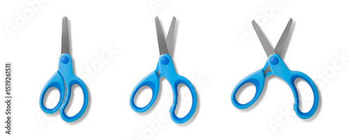 Blue children's scissors, closed open and wide open, isolated on a transparent background, PNG. High resolution.