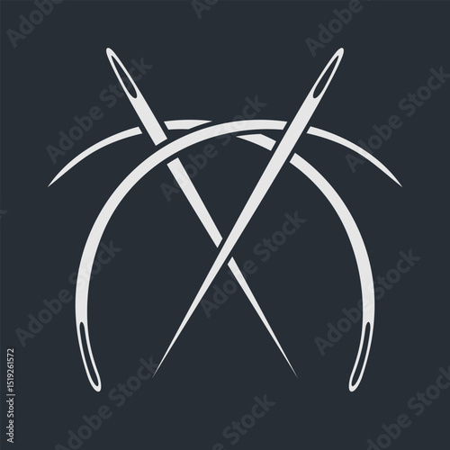 Straight and curved sewing needles crossed. Vector illustration
