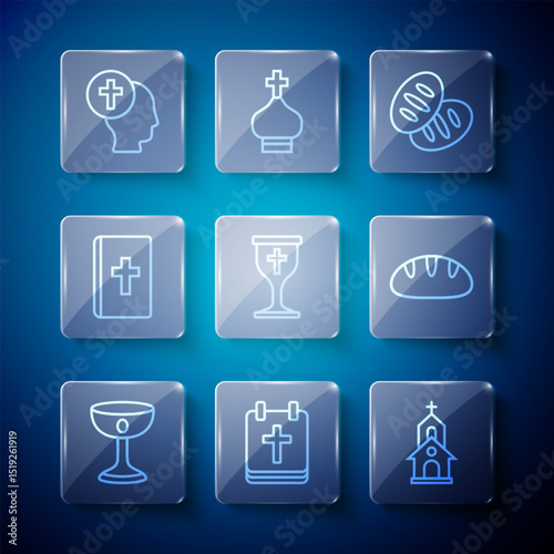Set line Christian chalice, Calendar with Easter, Church building, bread, Holy bible book, Priest and icon. Vector