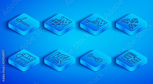 Set line Pickaxe, Bucket wheel excavator, Shovel and stone, Mine entrance, Gem, and Dynamite icon. Vector